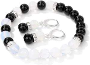 tenghong2021 Natural Stone Beaded Healing Stretch Bracelet Earrings Set for Women Elastic Beads Dangle Earrings Bracelet for Women Relieves Stress Anxiety Prayer Jewelry Gift