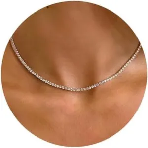Tewiky Tennis Necklace 14K Gold Plated/Silver Sparking Rhinestone Choker Necklaces Dainty Crystal Cubic Zirconia Bridal Wedding Jewelry for Women