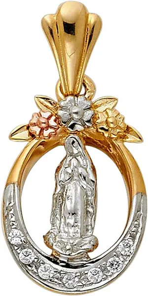 TGDJ 14K 3C Cubic zirconia Religious Guadalupe Pendant | 14K Tri Color Gold Christian Jewelry Jesus Pendant Locket For Men Women | 20 mm x 15 mm Gold Chain Pendants | Weight 3.3 grams