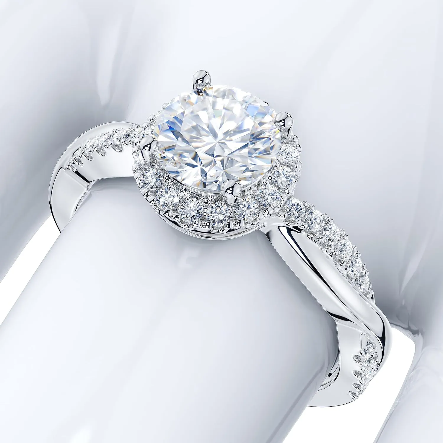 THELANDA Sterling Silver Petite Twisted Vine 1CT Round Brilliant Cut Genuine Moissanite Halo Engagement Ring Promise Ring