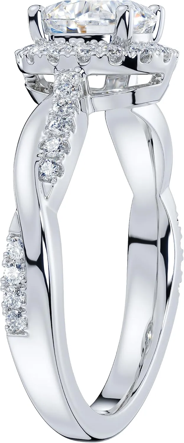 THELANDA Sterling Silver Petite Twisted Vine 1CT Round Brilliant Cut Genuine Moissanite Halo Engagement Ring Promise Ring