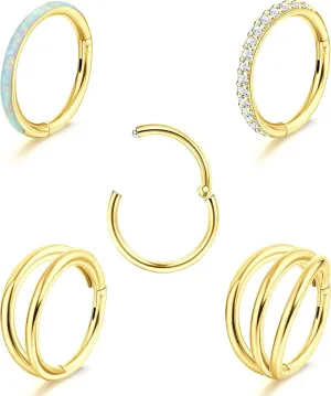 THUNARAZ 18G 16G Nose Rings Hoop for Women Men 5Pcs Surgical Steel CZ Opal Hinged Lip Nose Rings Daith Helix Cartilage Hoop Conch Rook Earrings Clicker Septum Body Piercing Jewelry 8mm 10mm
