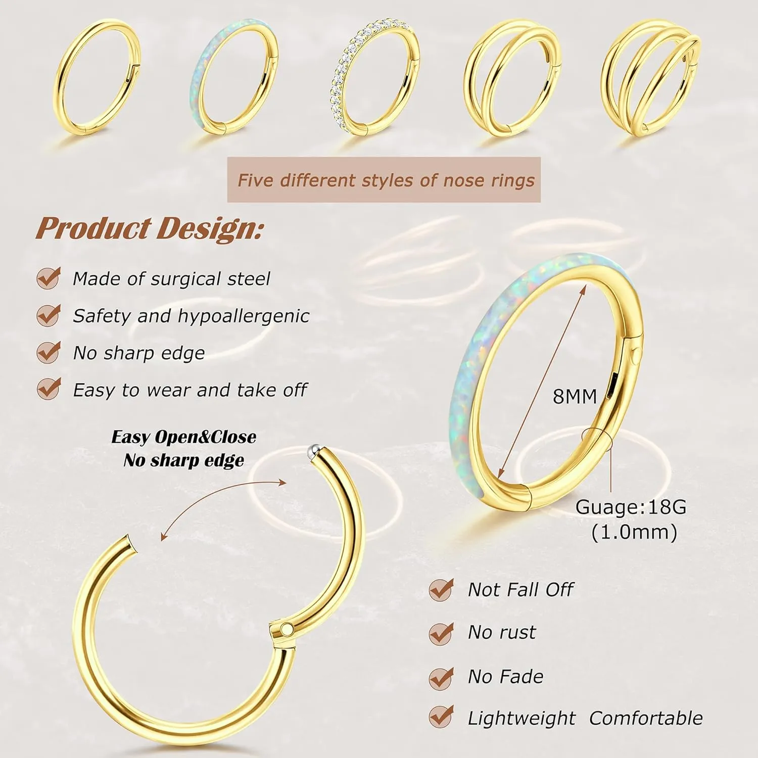 THUNARAZ 18G 16G Nose Rings Hoop for Women Men 5Pcs Surgical Steel CZ Opal Hinged Lip Nose Rings Daith Helix Cartilage Hoop Conch Rook Earrings Clicker Septum Body Piercing Jewelry 8mm 10mm