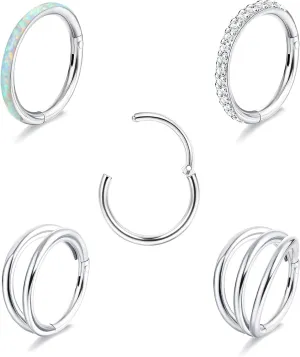 THUNARAZ 18G 16G Nose Rings Hoop for Women Men 5Pcs Surgical Steel CZ Opal Hinged Lip Nose Rings Daith Helix Cartilage Hoop Conch Rook Earrings Clicker Septum Body Piercing Jewelry 8mm 10mm