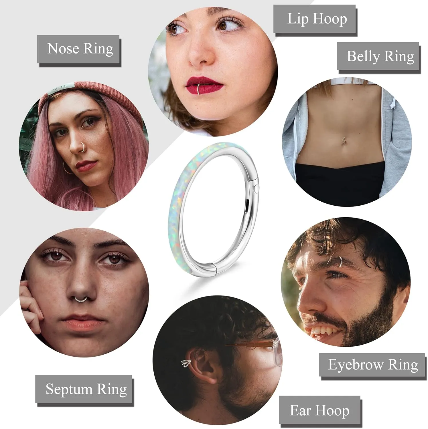 THUNARAZ 18G 16G Nose Rings Hoop for Women Men 5Pcs Surgical Steel CZ Opal Hinged Lip Nose Rings Daith Helix Cartilage Hoop Conch Rook Earrings Clicker Septum Body Piercing Jewelry 8mm 10mm