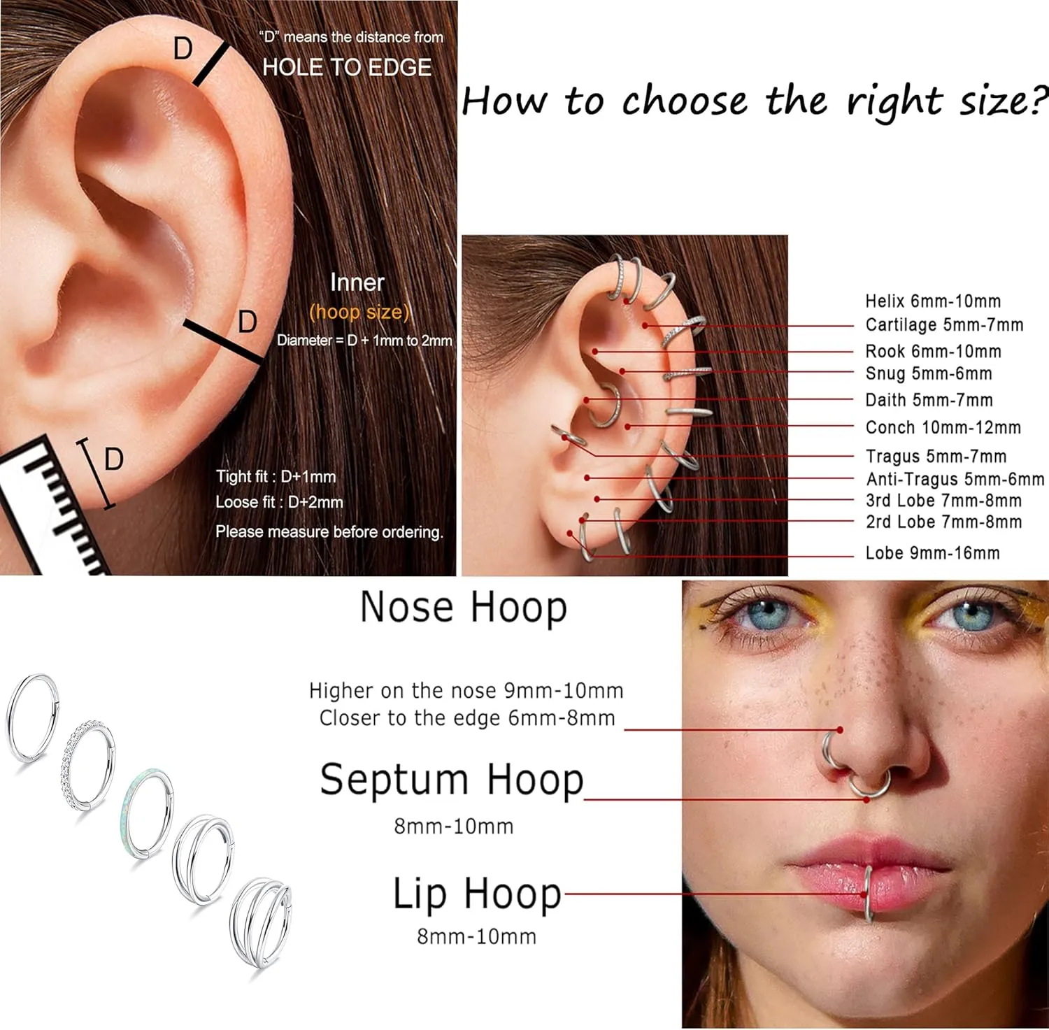 THUNARAZ 18G 16G Nose Rings Hoop for Women Men 5Pcs Surgical Steel CZ Opal Hinged Lip Nose Rings Daith Helix Cartilage Hoop Conch Rook Earrings Clicker Septum Body Piercing Jewelry 8mm 10mm