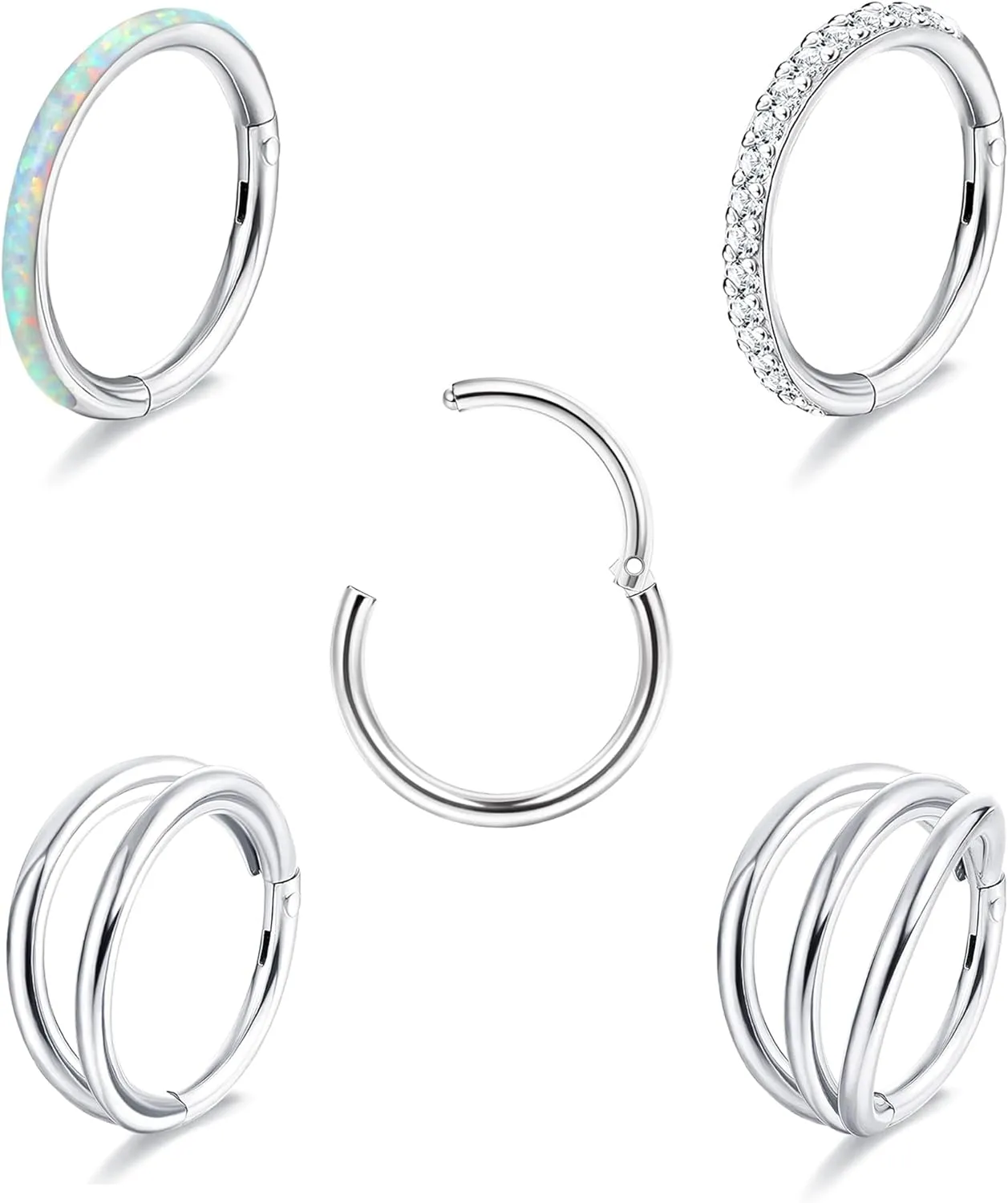THUNARAZ 18G 16G Nose Rings Hoop for Women Men 5Pcs Surgical Steel CZ Opal Hinged Lip Nose Rings Daith Helix Cartilage Hoop Conch Rook Earrings Clicker Septum Body Piercing Jewelry 8mm 10mm