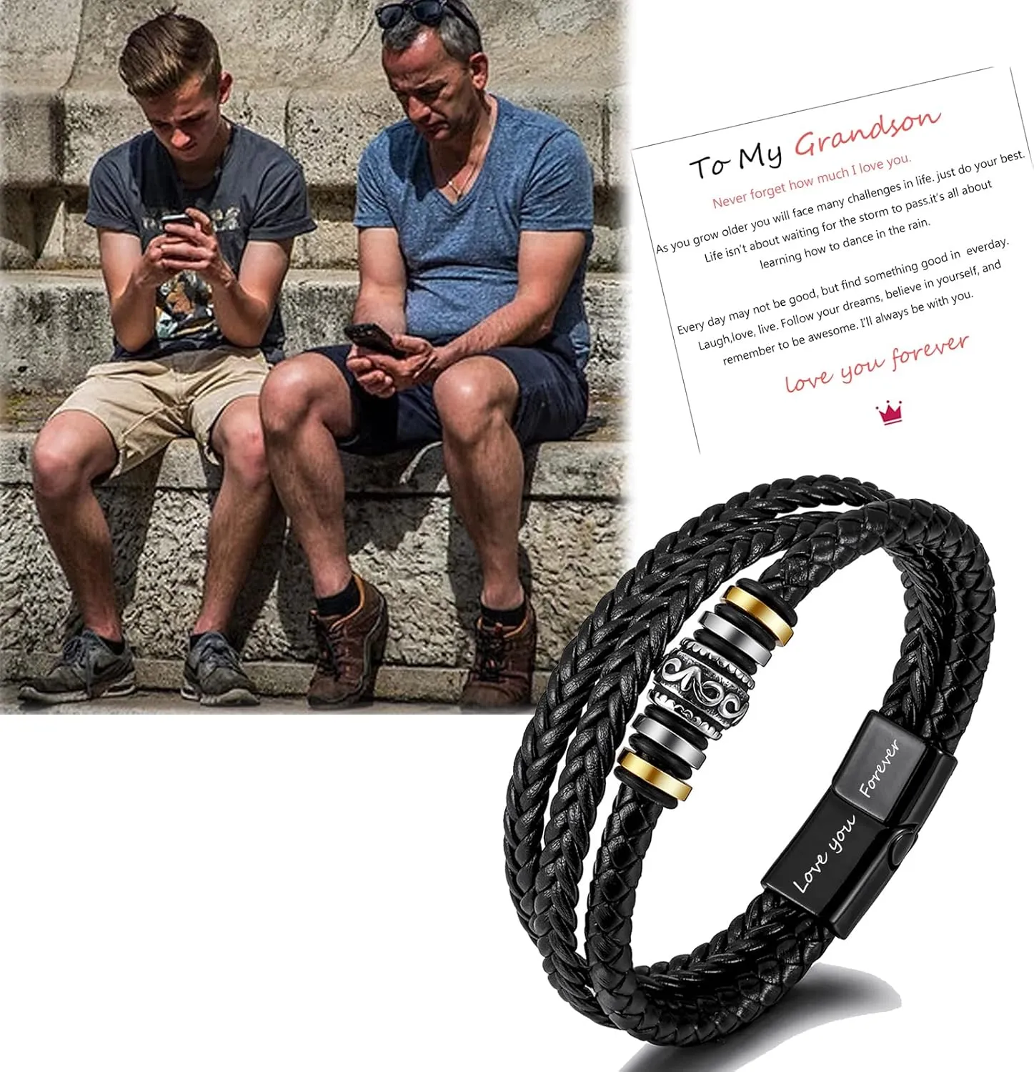 To My Man/Son/Grandson/Uncle/Brother/Bracelet- I Will Always Be With You Braided Leather Bracelet for Men, Handmade Mens Braided Leather Bracelet Bangle Wristband