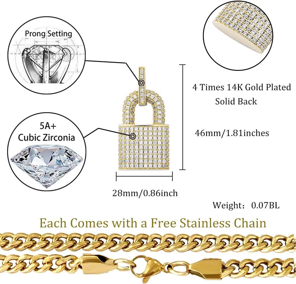 TOPGRILLZ 14K Gold Plated Iced out Lock Pendant Necklace for Women and Men Punk Rock Aesthetic Chains Padlock Necklace