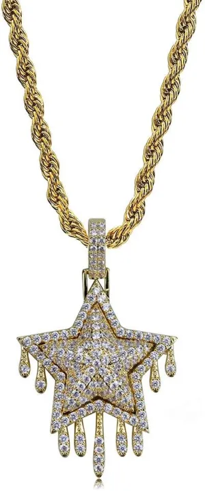 TOPGRILLZ 14K Gold Plated Simulated Diamond CZ Drop Pentagram Pendant Chain for Men and Women Necklace Hip Hop Jewelry