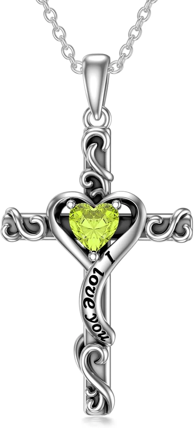 TOUPOP Birthstone Cross Necklace for Women 925 Sterling Silver Heart Cross Pendant Necklace I Love You Jewelry Anniversary Birthday Christmas Gifts for Her Mom Wife Girlfriend