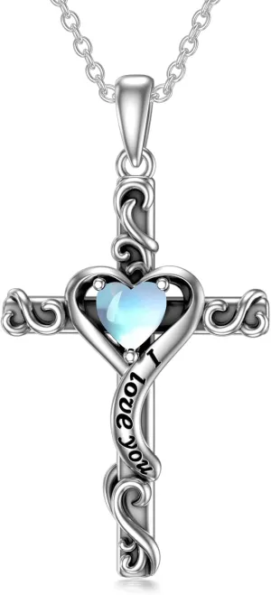 TOUPOP Birthstone Cross Necklace for Women 925 Sterling Silver Heart Cross Pendant Necklace I Love You Jewelry Anniversary Birthday Christmas Gifts for Her Mom Wife Girlfriend