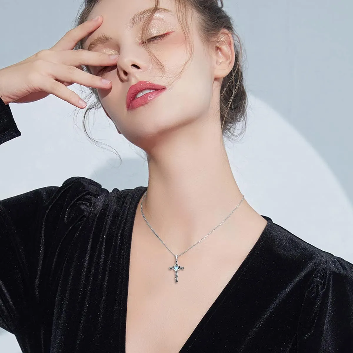 TOUPOP Birthstone Cross Necklace for Women 925 Sterling Silver Heart Cross Pendant Necklace I Love You Jewelry Anniversary Birthday Christmas Gifts for Her Mom Wife Girlfriend