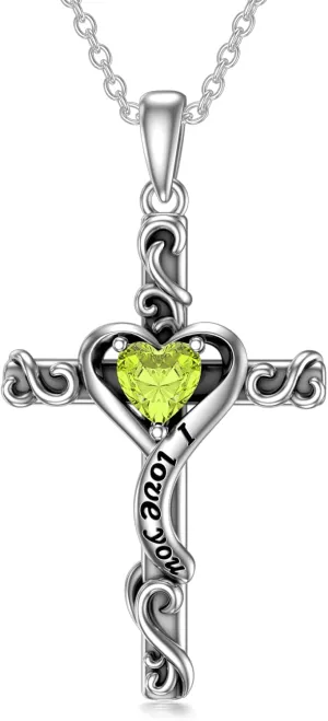 TOUPOP Birthstone Cross Necklace for Women 925 Sterling Silver Heart Cross Pendant Necklace I Love You Jewelry Anniversary Birthday Christmas Gifts for Her Mom Wife Girlfriend