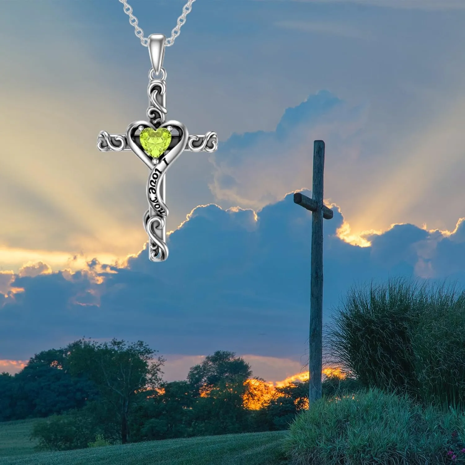 TOUPOP Birthstone Cross Necklace for Women 925 Sterling Silver Heart Cross Pendant Necklace I Love You Jewelry Anniversary Birthday Christmas Gifts for Her Mom Wife Girlfriend