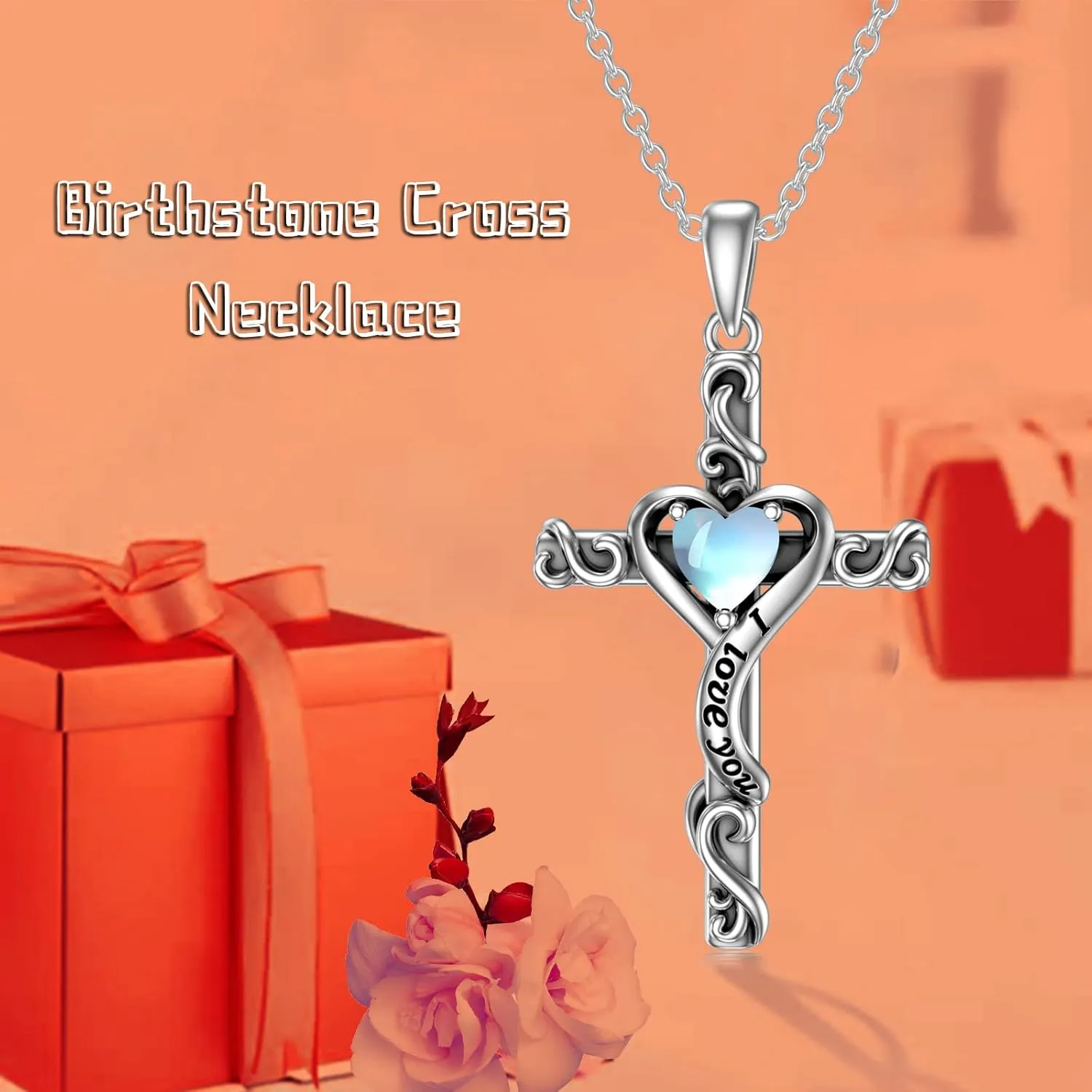 TOUPOP Birthstone Cross Necklace for Women 925 Sterling Silver Heart Cross Pendant Necklace I Love You Jewelry Anniversary Birthday Christmas Gifts for Her Mom Wife Girlfriend