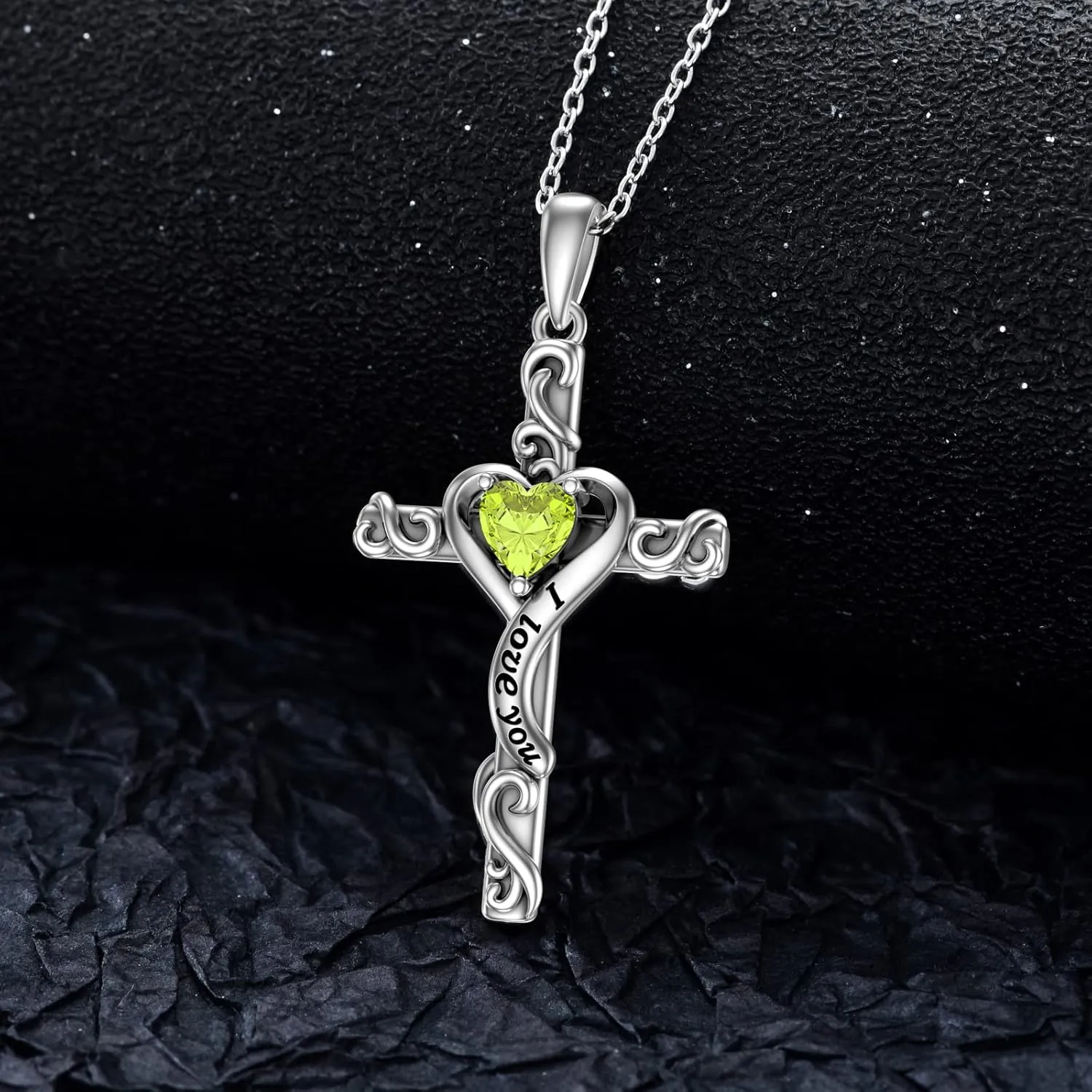 TOUPOP Birthstone Cross Necklace for Women 925 Sterling Silver Heart Cross Pendant Necklace I Love You Jewelry Anniversary Birthday Christmas Gifts for Her Mom Wife Girlfriend