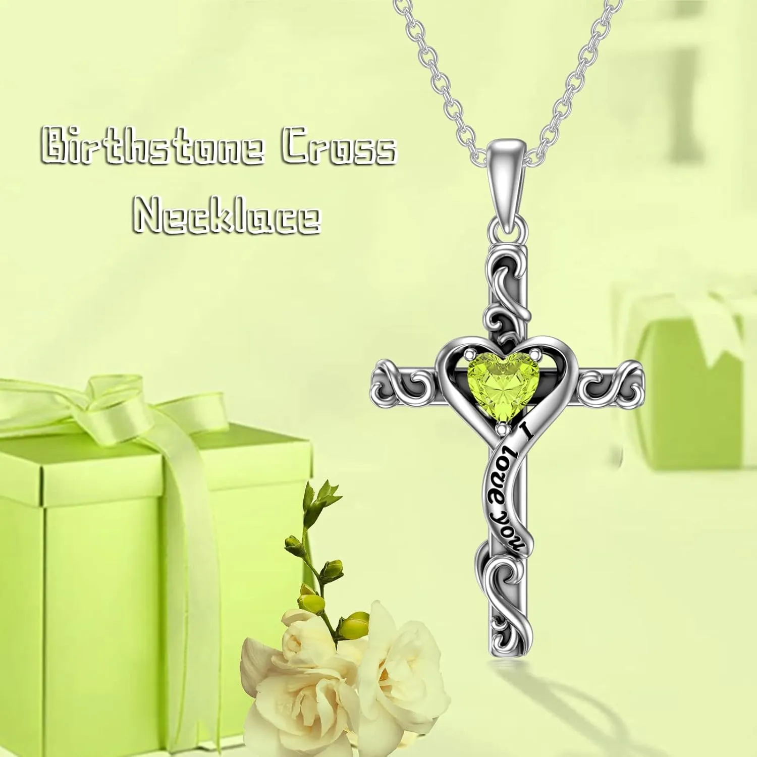 TOUPOP Birthstone Cross Necklace for Women 925 Sterling Silver Heart Cross Pendant Necklace I Love You Jewelry Anniversary Birthday Christmas Gifts for Her Mom Wife Girlfriend