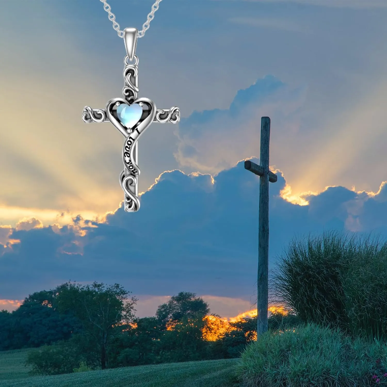 TOUPOP Birthstone Cross Necklace for Women 925 Sterling Silver Heart Cross Pendant Necklace I Love You Jewelry Anniversary Birthday Christmas Gifts for Her Mom Wife Girlfriend