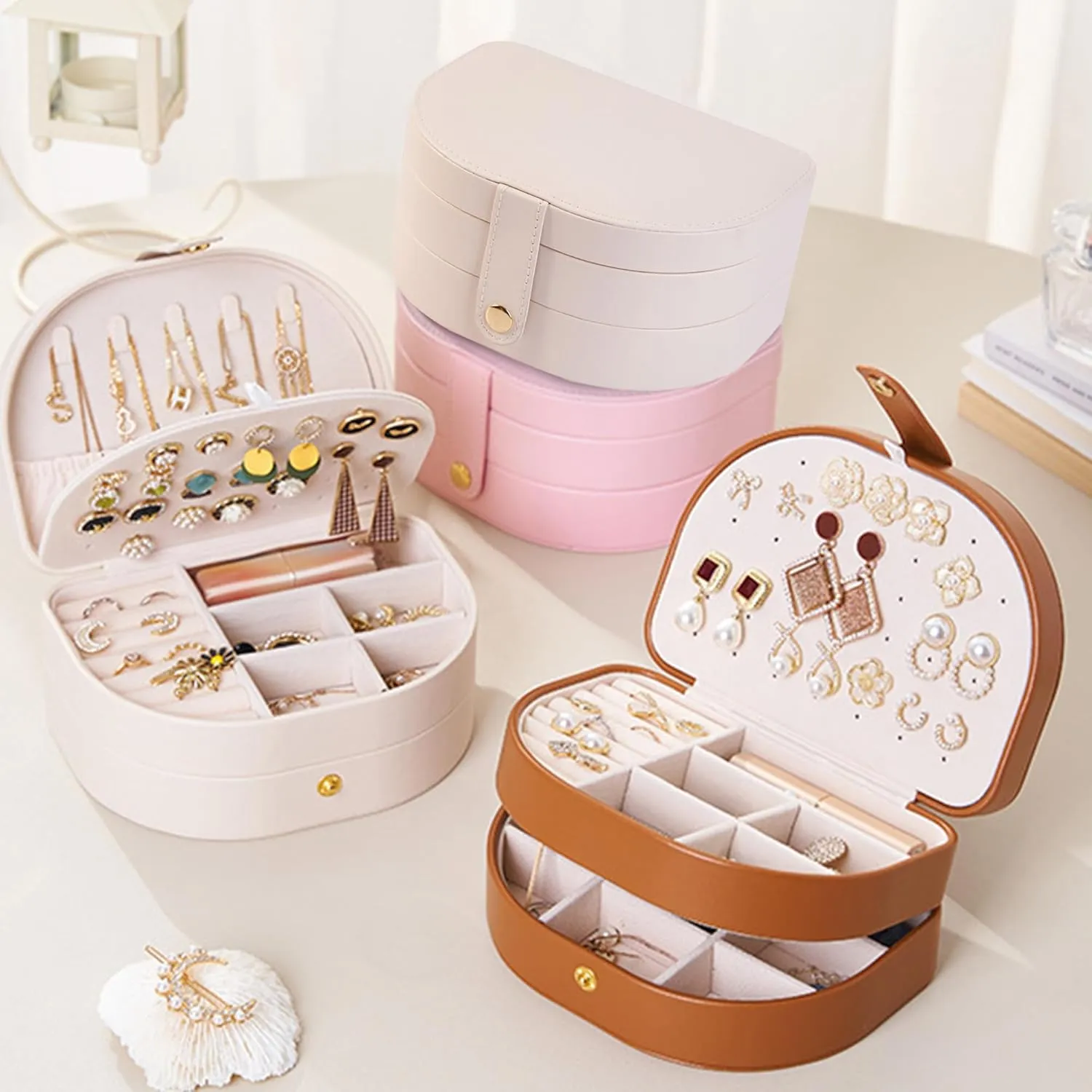 Travel Jewelry Case, PU Leather Small Jewelry Box,Travel Jewelry Organizer Storage Case, 2 Layer Jewelry Storage Case for Rings Earrings Necklace Bracelets Jewelry for Women Girls