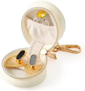 Travel Jewelry Holder Storage Ring Holder with Keychain Leather Mini Ring Case (White)
