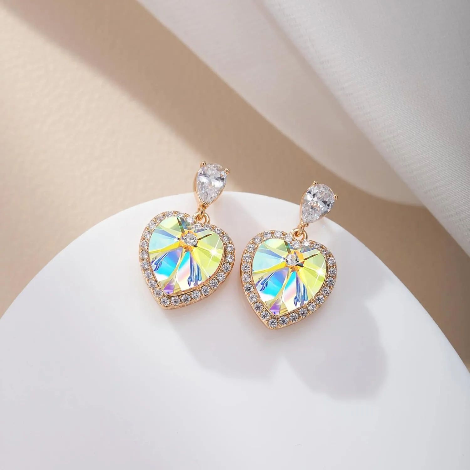 Trendy Austrian Crystal Heart Halo Drop Stud Earrings for Women 14K Gold Plated Dangle Earring Hypoallergenic Jewelry Gift