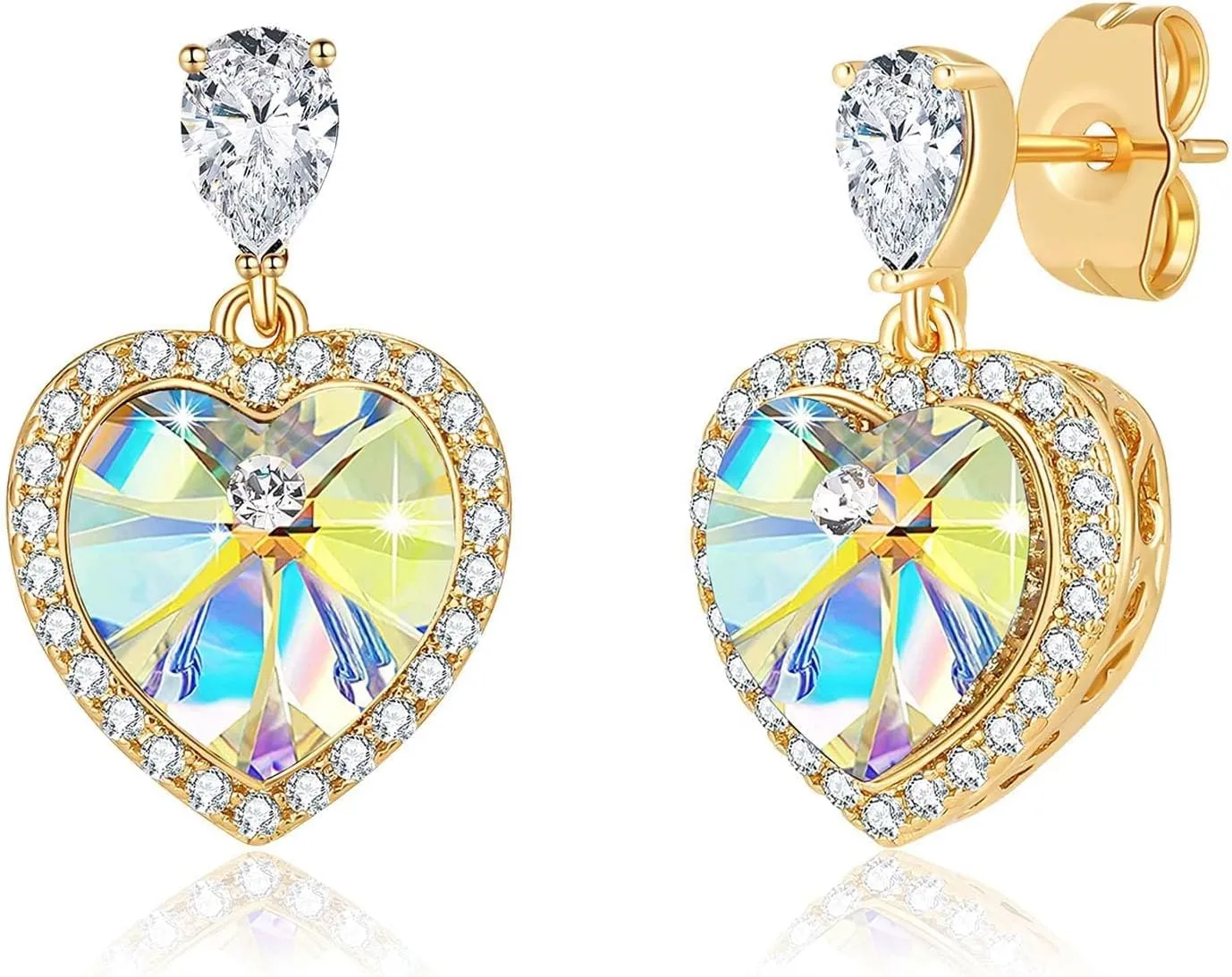 Trendy Austrian Crystal Heart Halo Drop Stud Earrings for Women 14K Gold Plated Dangle Earring Hypoallergenic Jewelry Gift