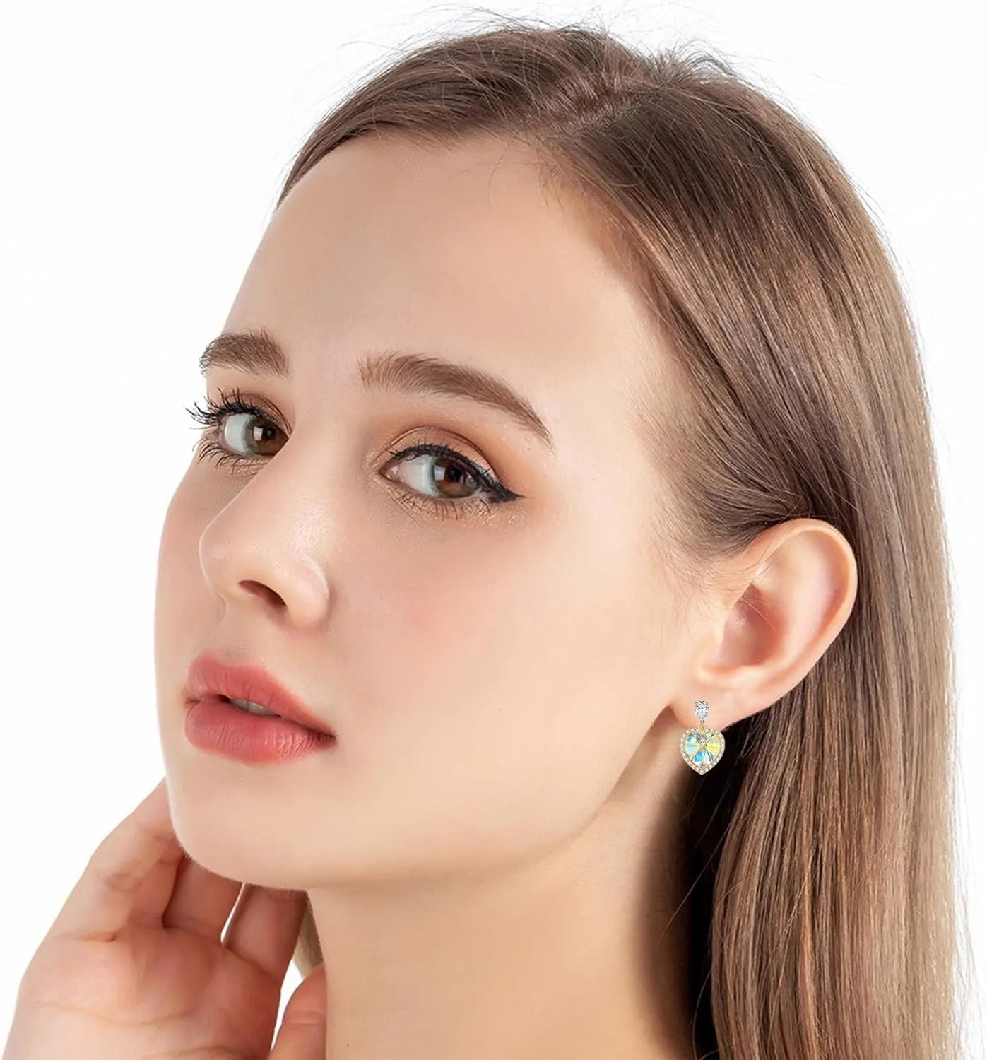 Trendy Austrian Crystal Heart Halo Drop Stud Earrings for Women 14K Gold Plated Dangle Earring Hypoallergenic Jewelry Gift