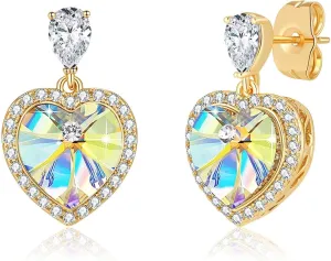 Trendy Austrian Crystal Heart Halo Drop Stud Earrings for Women 14K Gold Plated Dangle Earring Hypoallergenic Jewelry Gift