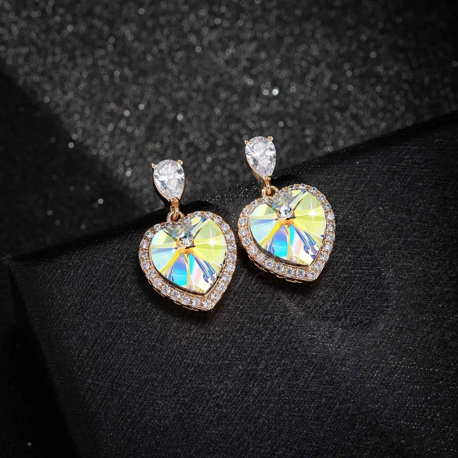 Trendy Austrian Crystal Heart Halo Drop Stud Earrings for Women 14K Gold Plated Dangle Earring Hypoallergenic Jewelry Gift