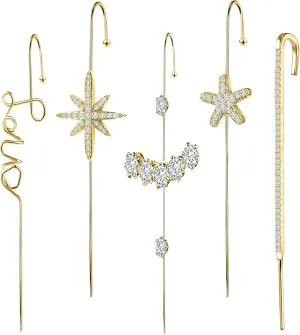 Trendy Pierced Ear Crawler Earrings for Women Gold & Silver Snowflake Rhinestone Helix Hook Set Fashionista Jewelry with Secure Ear Plug Fixer for Daily & Evening Outfits 5Pcs