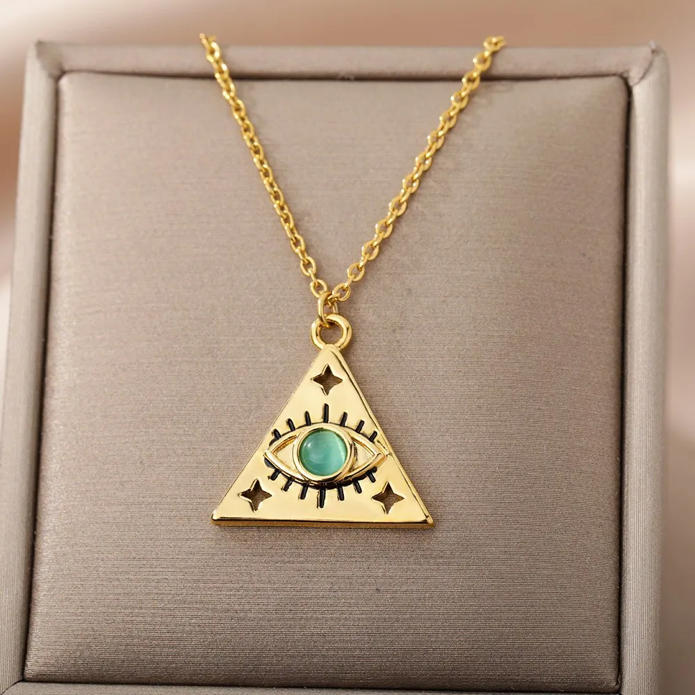 Triangle Pyramid Design Blue Opal Evil Eye Necklace For Women Men Gold Color Choker Egyptian Jewelry Valentine&#39;s Day Gift