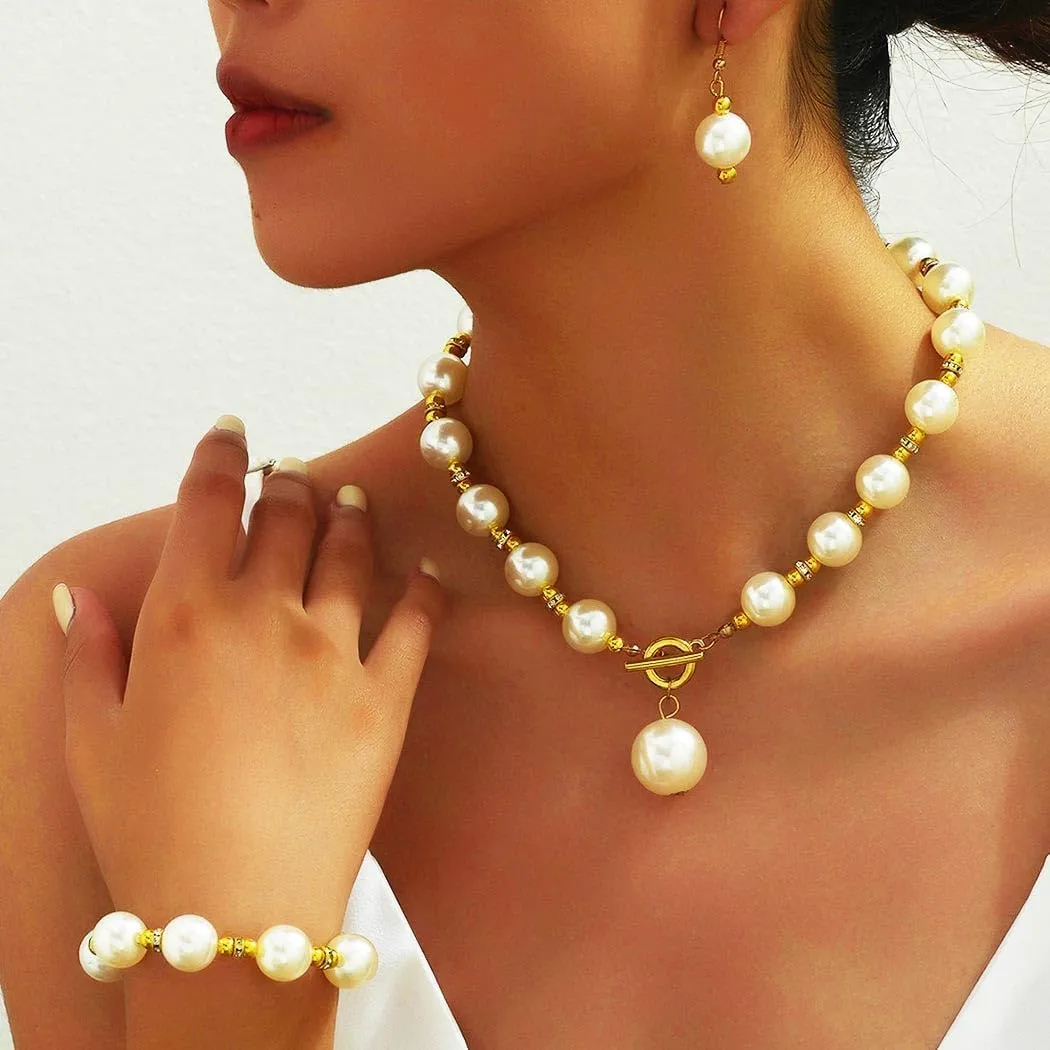 TWINKLEDE Big Pearl Necklace Jewelry Set Gold Wedding Chunky Necklaces Earrings and Bracelet for Women