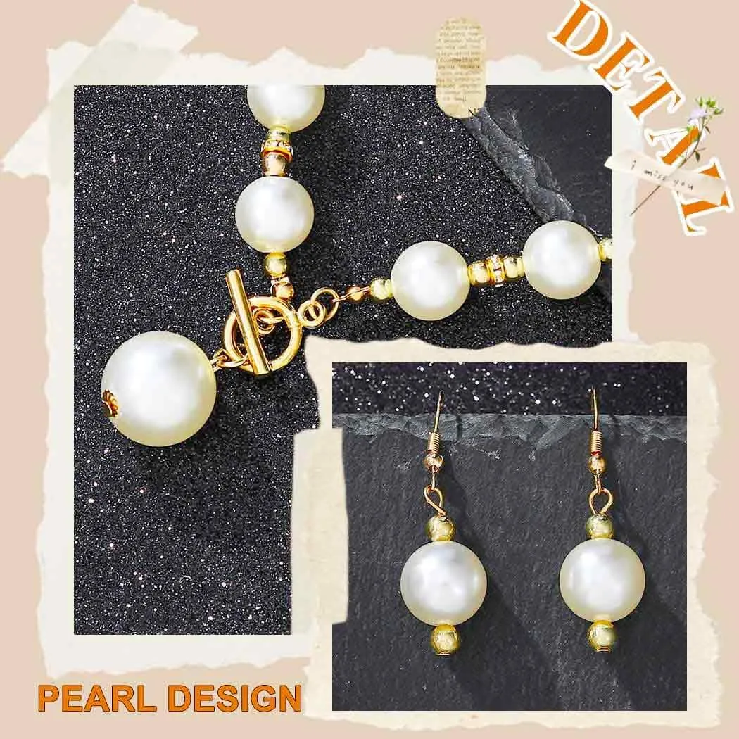 TWINKLEDE Big Pearl Necklace Jewelry Set Gold Wedding Chunky Necklaces Earrings and Bracelet for Women