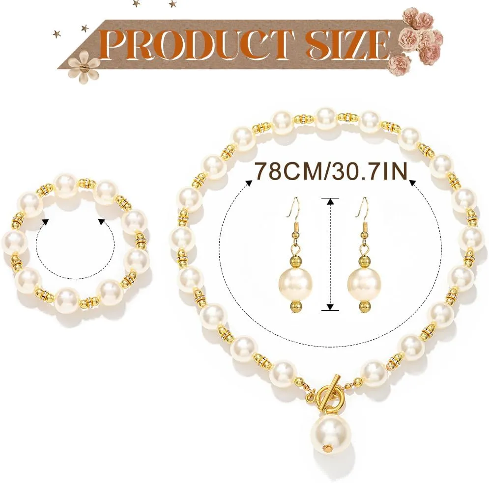 TWINKLEDE Big Pearl Necklace Jewelry Set Gold Wedding Chunky Necklaces Earrings and Bracelet for Women