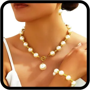 TWINKLEDE Big Pearl Necklace Jewelry Set Gold Wedding Chunky Necklaces Earrings and Bracelet for Women