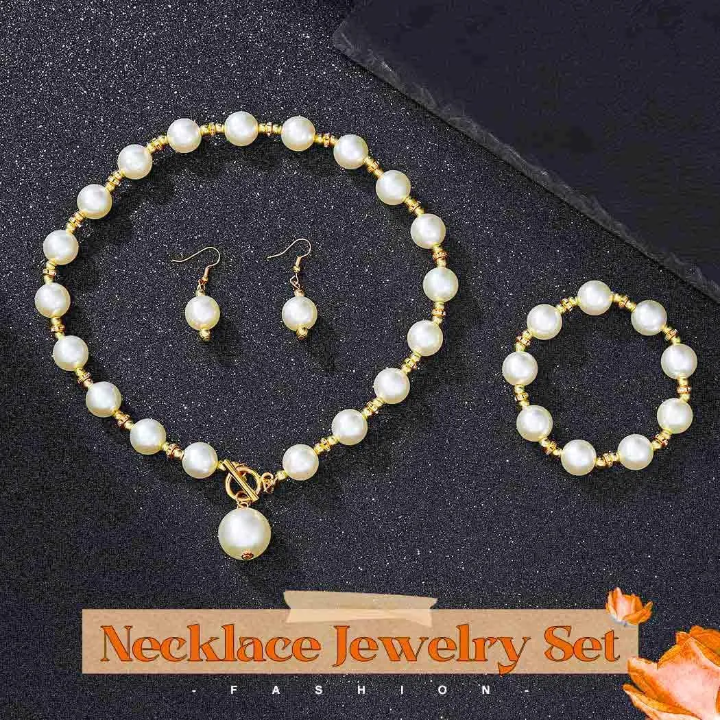 TWINKLEDE Big Pearl Necklace Jewelry Set Gold Wedding Chunky Necklaces Earrings and Bracelet for Women