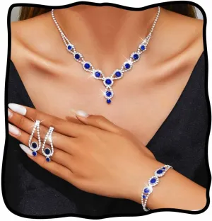 TWINKLEDE Royal Blue Rhinestone Necklace Jewerly Sets Sparkly Wedding Prom Necklaces Earrings and Bracelet for Women