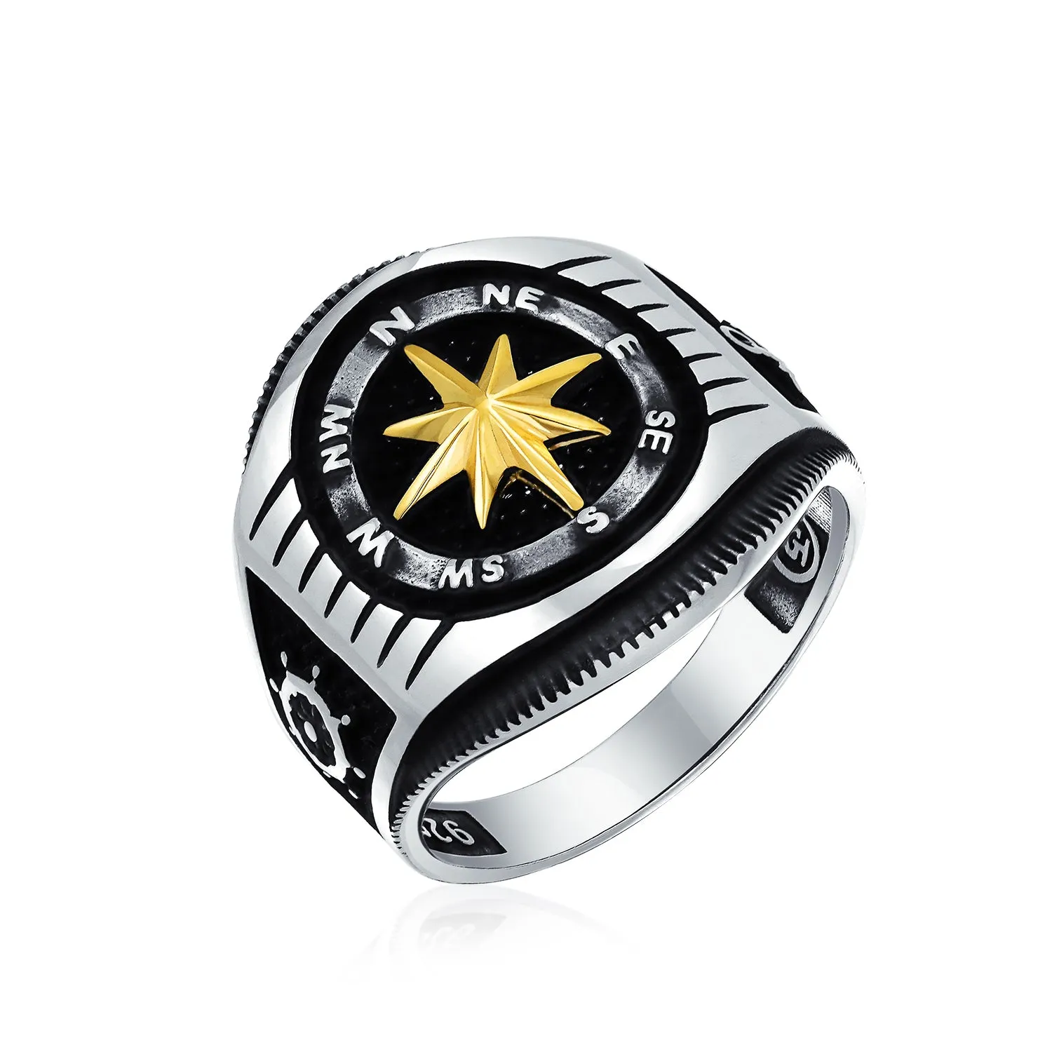 Two Tone Mens Silver Ring Nautical Boat Wheel Viking Compass Signet Black Gold