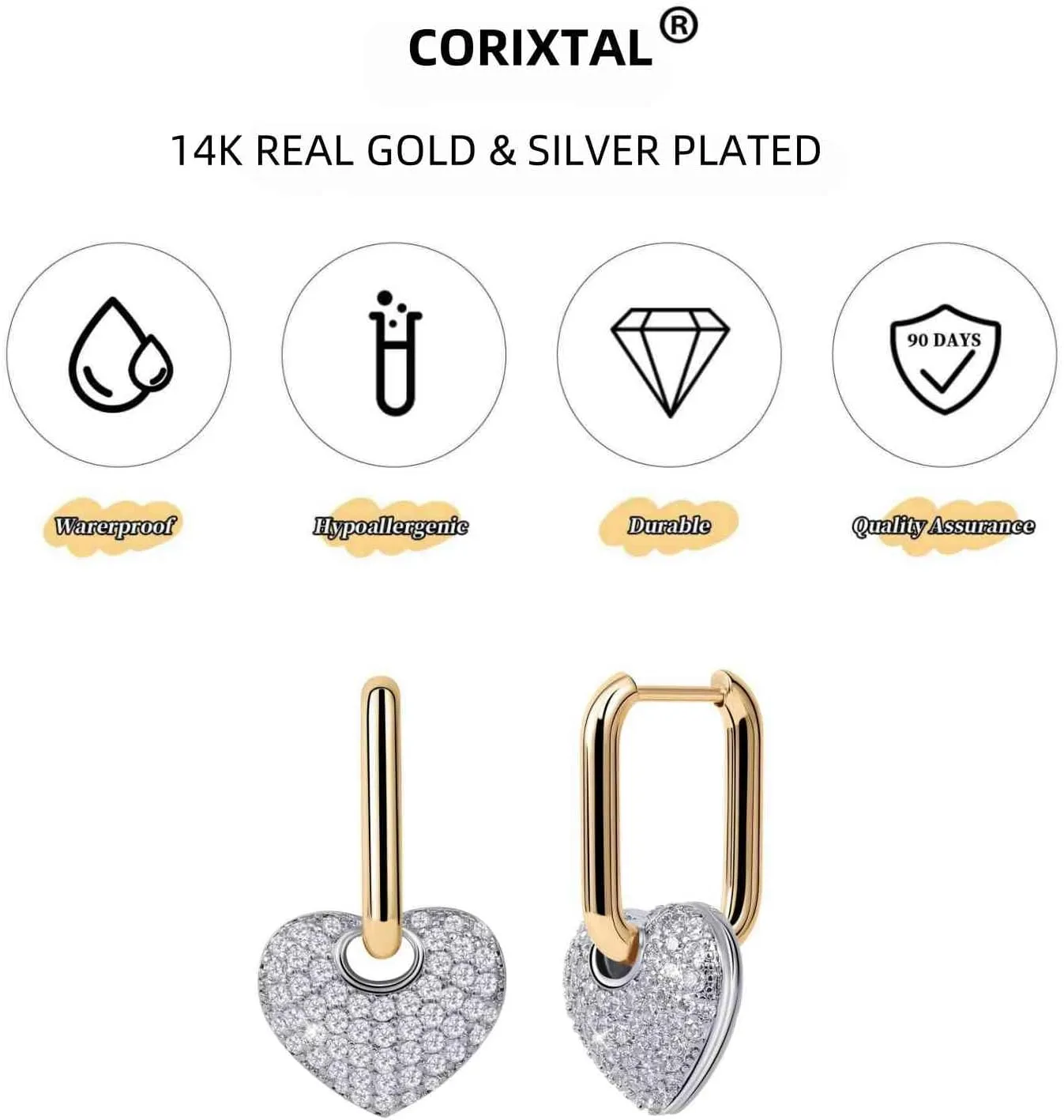 Two Tone White Gold Heart Earrings For Women Lightweight Love Drop Dangle Huggie Charm Statement Jewelry Fashion Gift