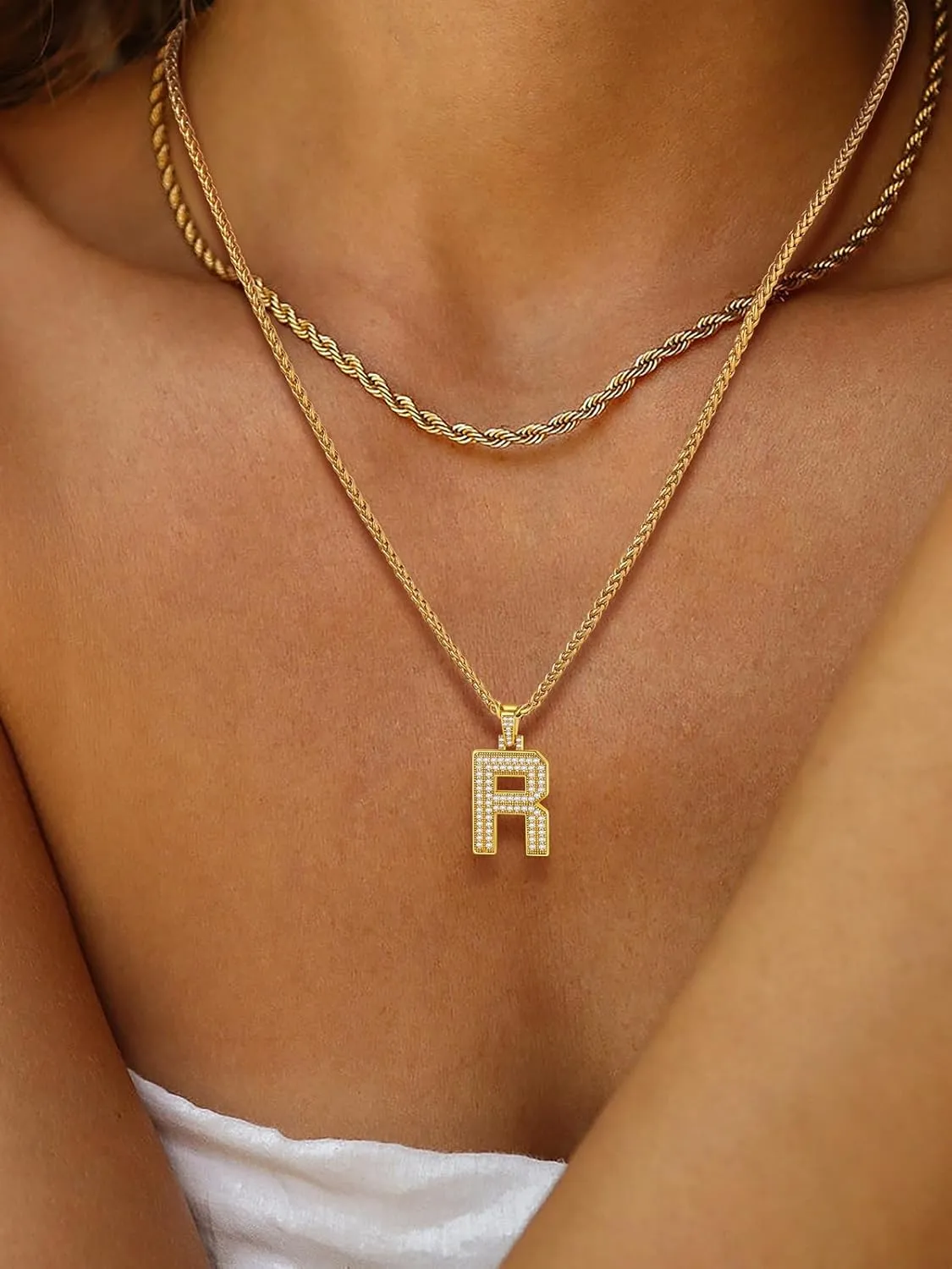 U7 Initial Number Necklace for Men Women, 18K Gold Plated Bling CZ Iced Out Hip Hop Jersey Number Pendant A-Z 26 Letter Necklace, Number 0-9 Pendants with Chain