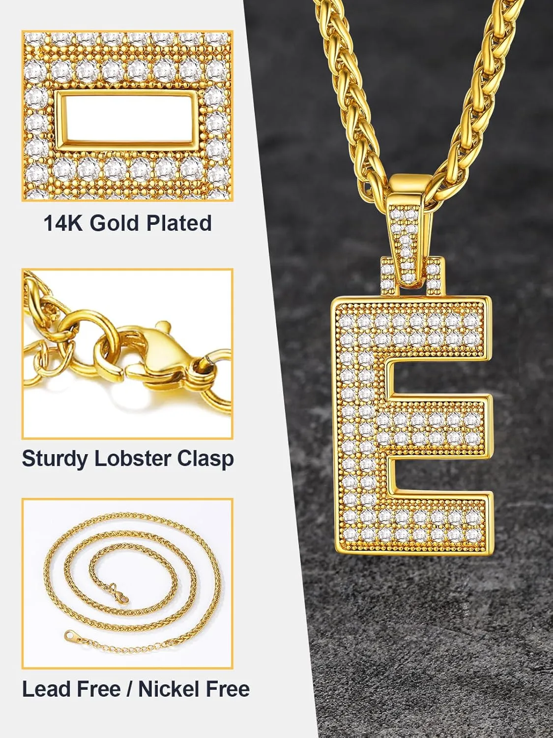 U7 Initial Number Necklace for Men Women, 18K Gold Plated Bling CZ Iced Out Hip Hop Jersey Number Pendant A-Z 26 Letter Necklace, Number 0-9 Pendants with Chain