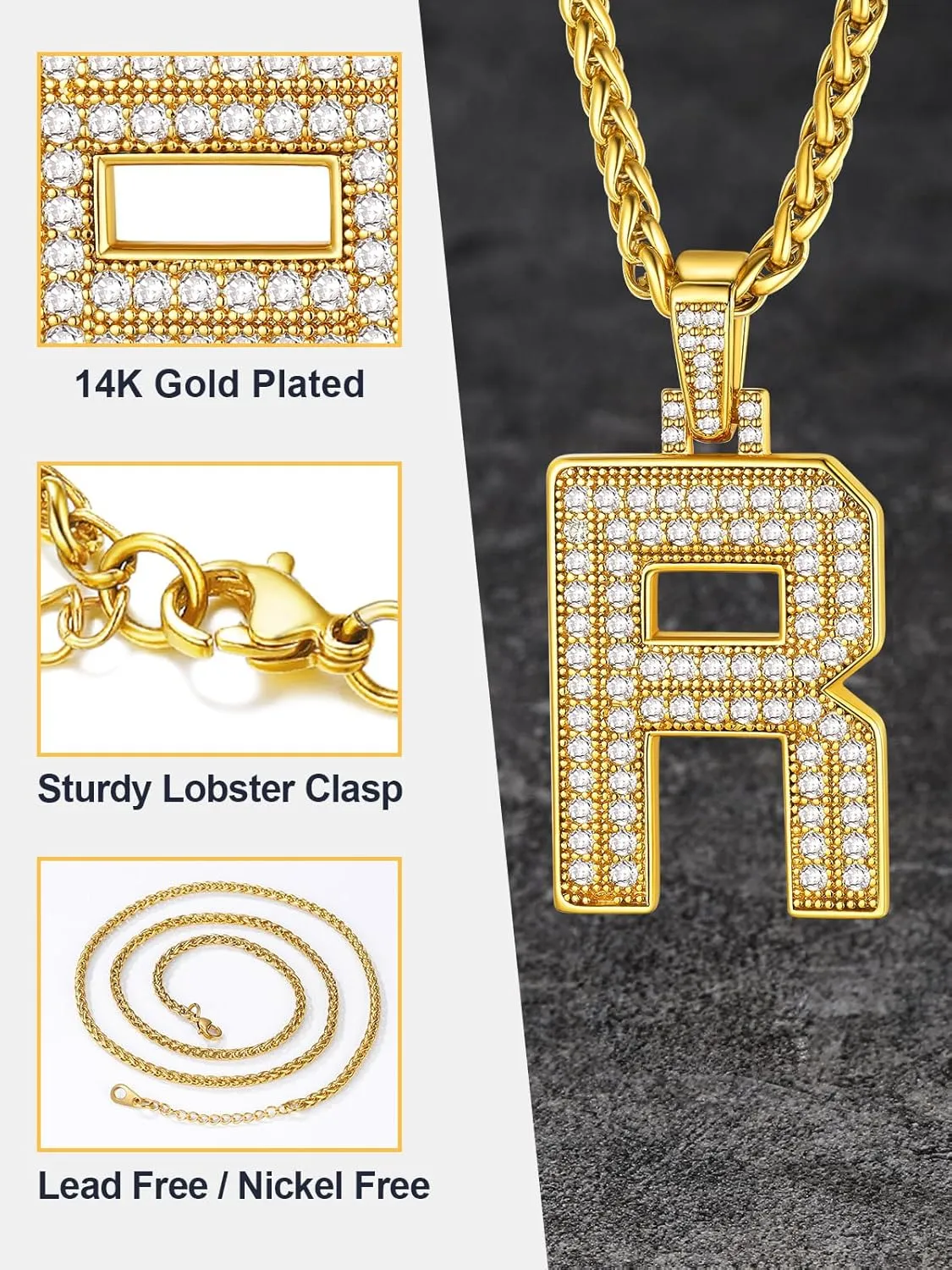U7 Initial Number Necklace for Men Women, 18K Gold Plated Bling CZ Iced Out Hip Hop Jersey Number Pendant A-Z 26 Letter Necklace, Number 0-9 Pendants with Chain