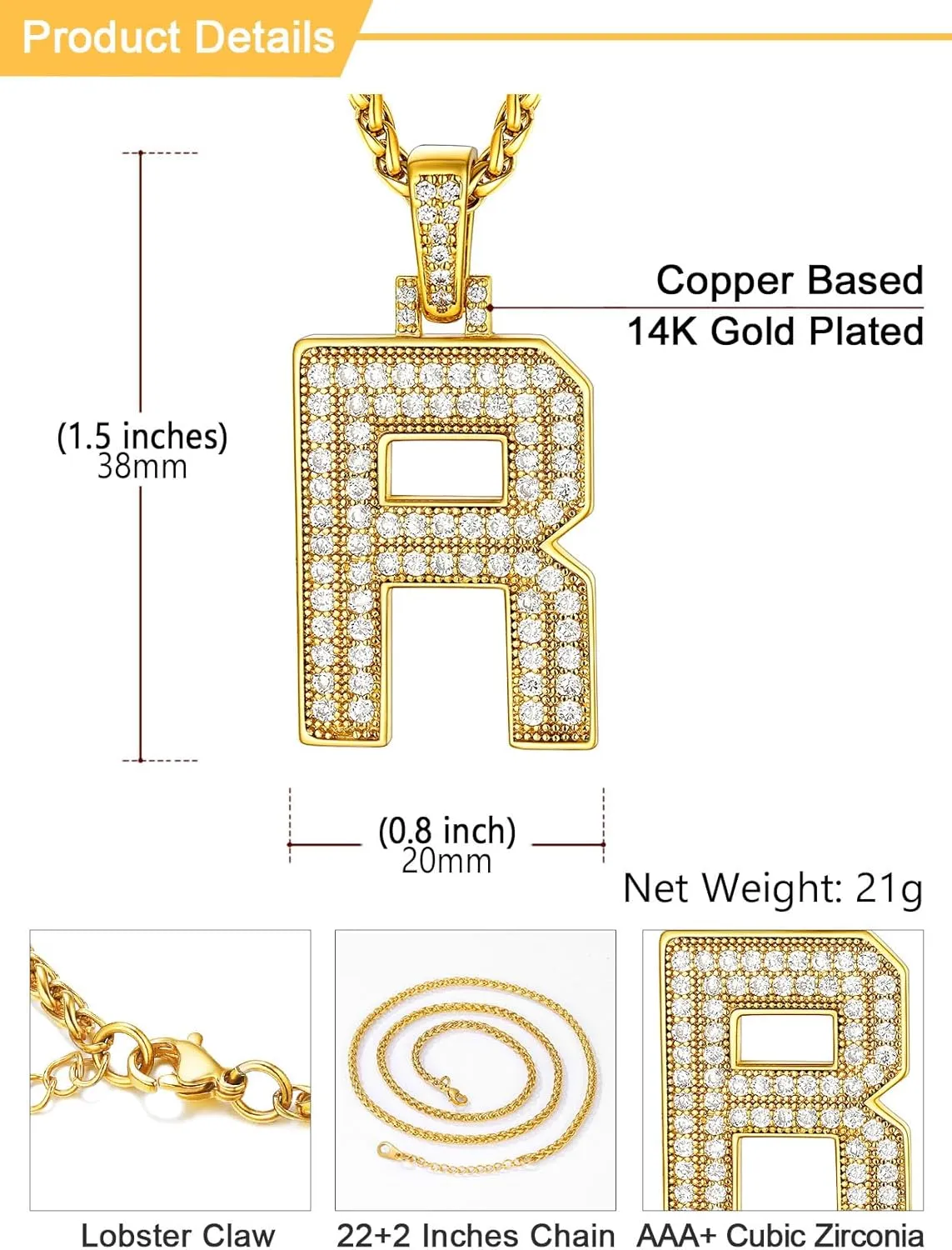 U7 Initial Number Necklace for Men Women, 18K Gold Plated Bling CZ Iced Out Hip Hop Jersey Number Pendant A-Z 26 Letter Necklace, Number 0-9 Pendants with Chain