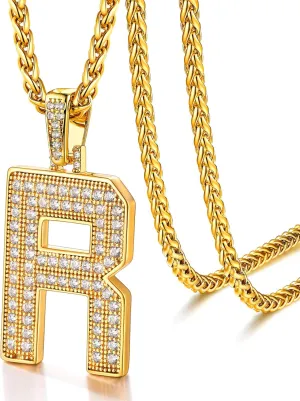 U7 Initial Number Necklace for Men Women, 18K Gold Plated Bling CZ Iced Out Hip Hop Jersey Number Pendant A-Z 26 Letter Necklace, Number 0-9 Pendants with Chain