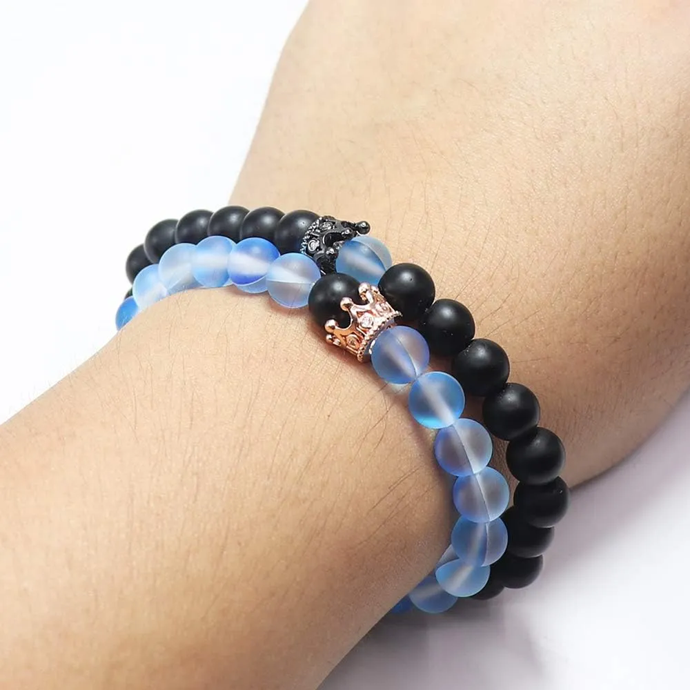 UEUC King&Queen Crown Distance Couple Bracelets His and Her Friendship 8mm Beads Bracelet