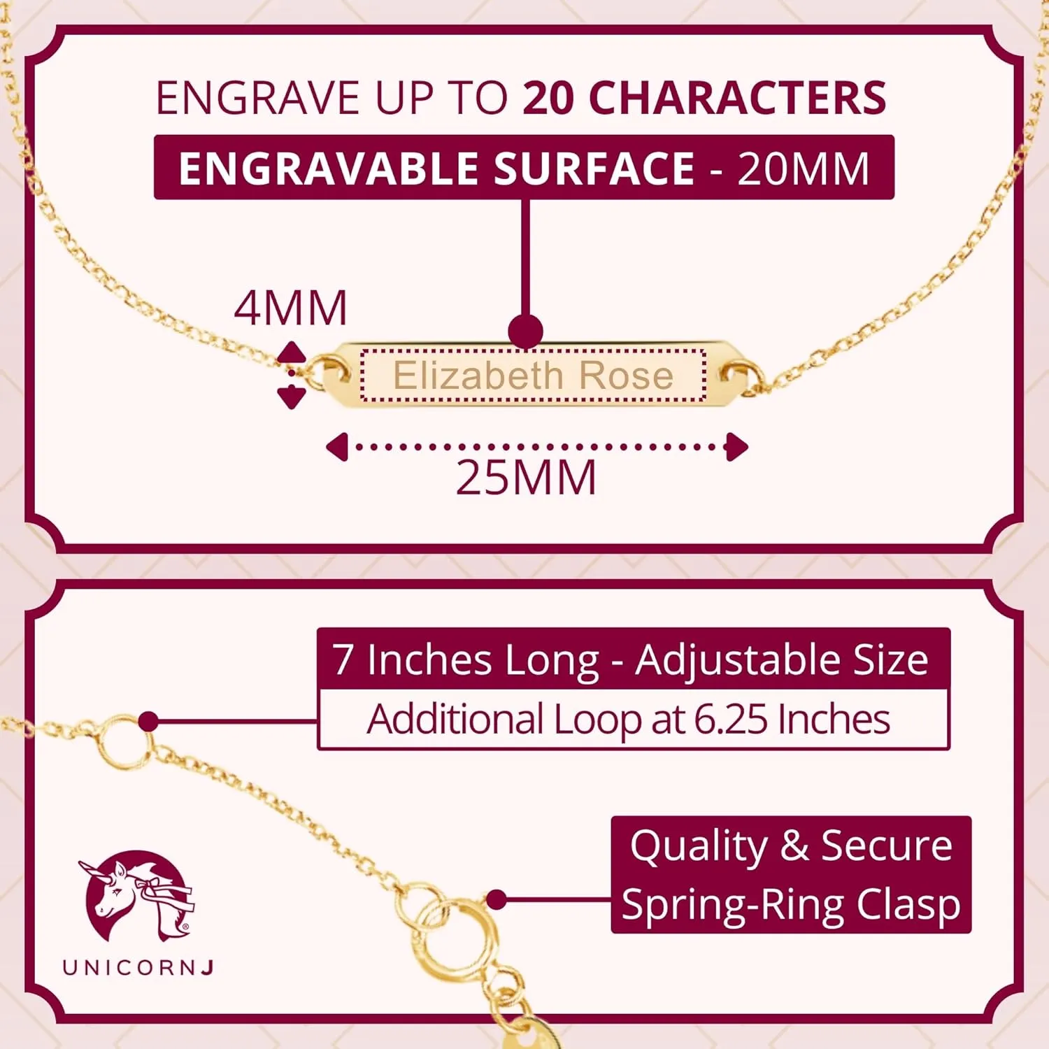 UNICORNJ 14K Yellow Gold Engravable Personalized Bar Pendant Necklace or Bracelet Polished Shiny on Cable Chain Italy