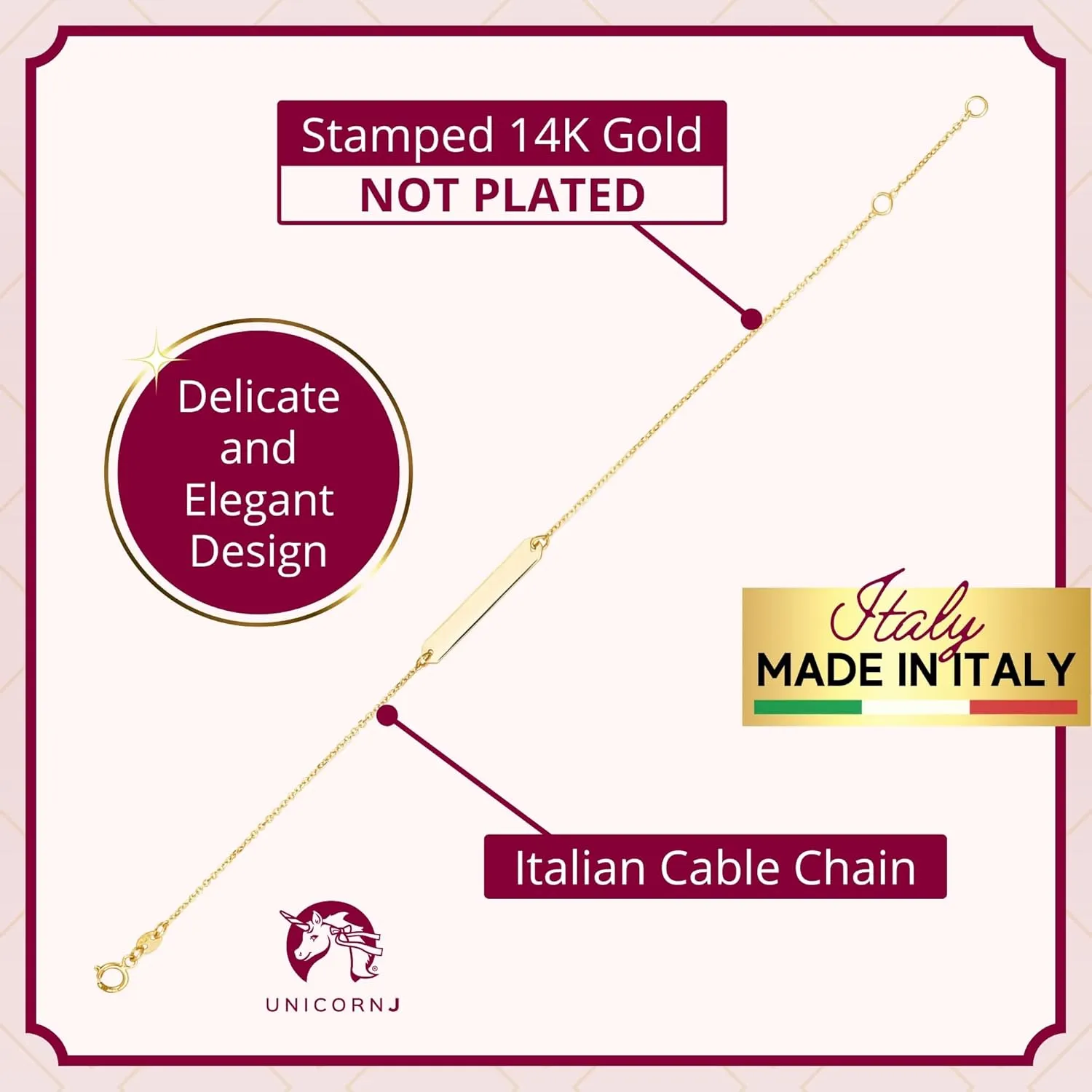 UNICORNJ 14K Yellow Gold Engravable Personalized Bar Pendant Necklace or Bracelet Polished Shiny on Cable Chain Italy