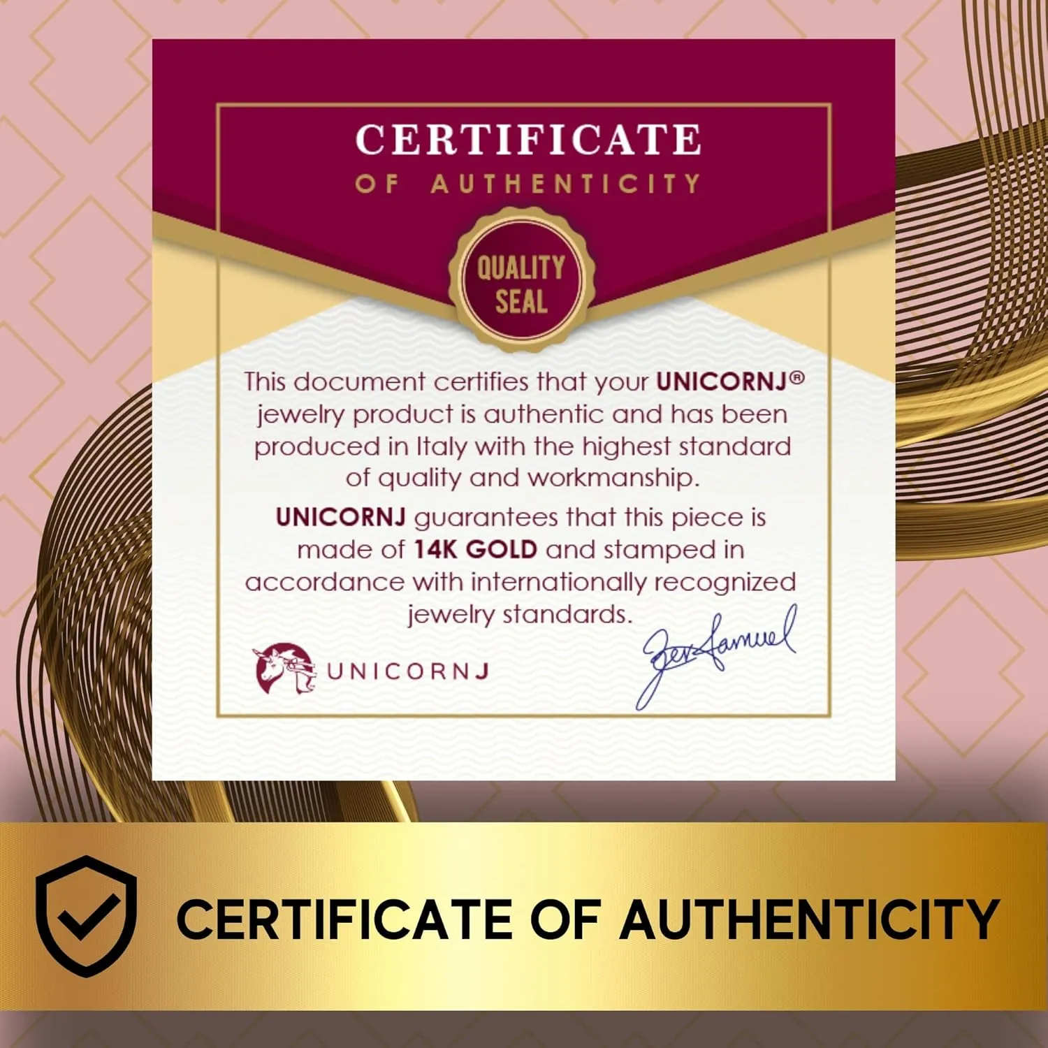 UNICORNJ 14K Yellow Gold Engravable Personalized Bar Pendant Necklace or Bracelet Polished Shiny on Cable Chain Italy
