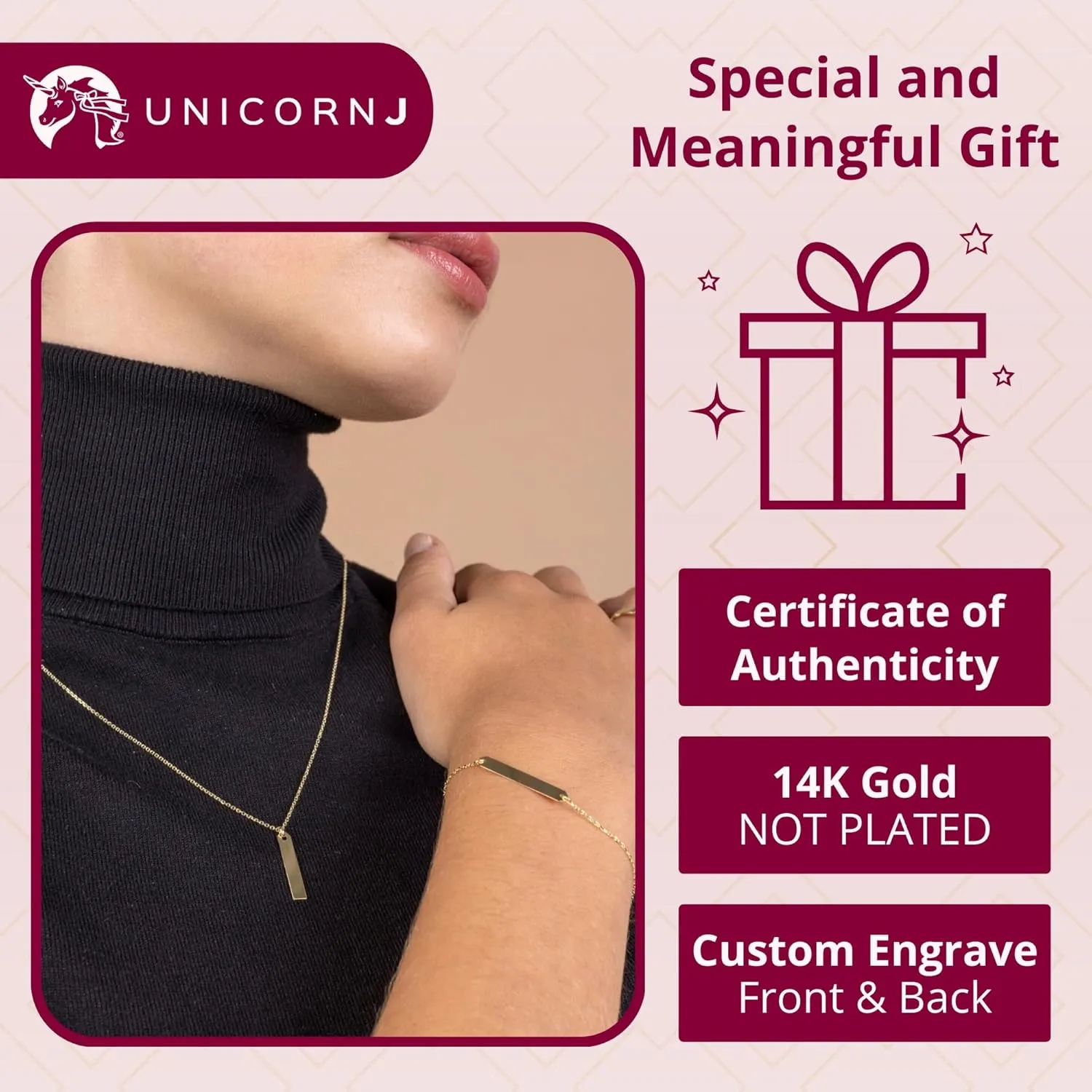 UNICORNJ 14K Yellow Gold Engravable Personalized Bar Pendant Necklace or Bracelet Polished Shiny on Cable Chain Italy